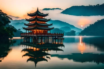 Zelfklevend Fotobehang Taiwan's Sun Moon Lake at sunrise is breathtaking. © Arham