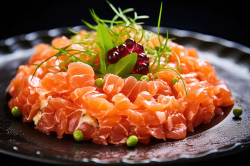 Salmon tartare, food market, photorealistic, close-up shot, food photography