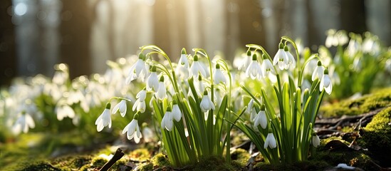 Beautiful flowers appear in the forest during the first spring season, known as Leucojum vernum or spring snowflake/snowbell. - obrazy, fototapety, plakaty
