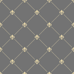 Seamless pattern. Modern geometric ornament with royal lilies. Classic gray and yellow background