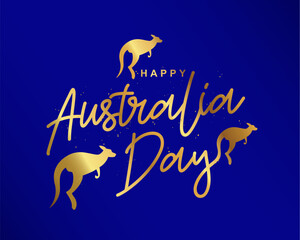 Three jumping kangaroos. Golden Calligraphy - Happy Australia Day. Poster for the day of the first landing. National Day.