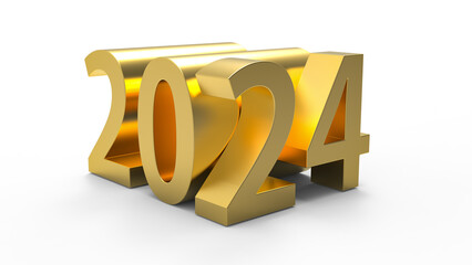 2024 New Year 3d symbol typography. 3D rendered illustration. 2024 lettering in shiny gold numbers. - obrazy, fototapety, plakaty