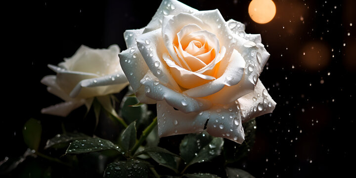 White Rose with Dew Drops on Black Background,