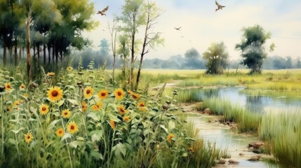 A stunning watercolor painting capturing the beauty of a wild landscape with tall green grass, swamps, untamed flora, sunflowers, and wildflowers.