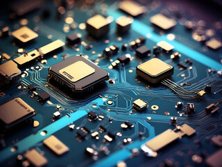 Printed circuit board futuristic server/Circuit board futuristic server code processing.  technology background with bokeh. Generation by AI