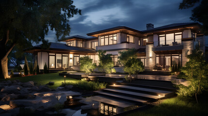 Fototapeta na wymiar Beautiful home exterior in evening with glowing interior lights and landscaping. generative ai.