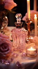 Obraz na płótnie Canvas Romantic Pink Perfume Bottle with Diamonds on Candlelit Dinner Table