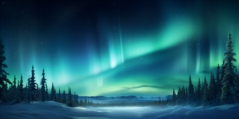 A mesmerizing view of the Northern Lights,Northern Lights Watercolor Landscape Image