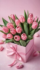 Gift box with a bouquet of pink tulips