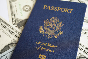 US passport with USA dollar money, American citizen in United States of America.