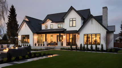 Beautiful modern farmhouse style luxury home exterior at twilight. generative ai. - obrazy, fototapety, plakaty