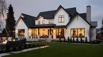 Foto op Aluminium Beautiful modern farmhouse style luxury home exterior at twilight. generative ai. © raza