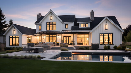 Beautiful modern farmhouse style luxury home exterior at twilight. generative ai.