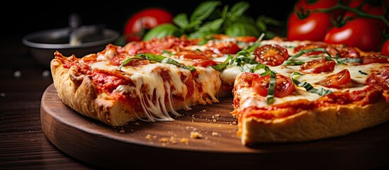 Chicago deep dish Italian cheese pizza with tomato sauce. - obrazy, fototapety, plakaty