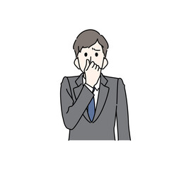 眉をひそめ、鼻をつまむスーツの男性のイラスト