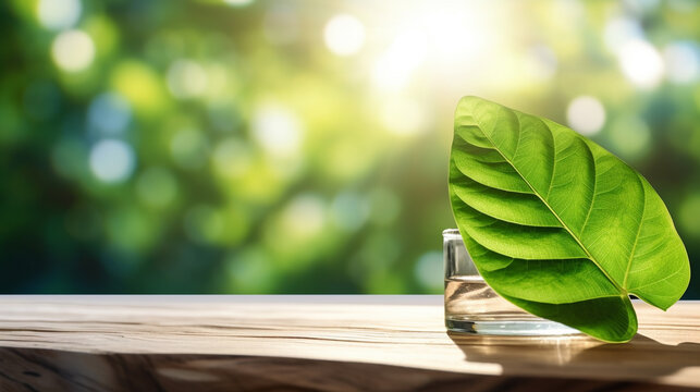 green leaves on wooden table HD 8K wallpaper Stock Photographic Image 