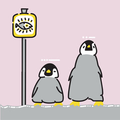 Two penguin chicks waiting for something near a marker with a fish symbol