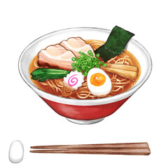 Soy sauce ramen noodles, chopsticks and chopstick rests painted with digital watercolor