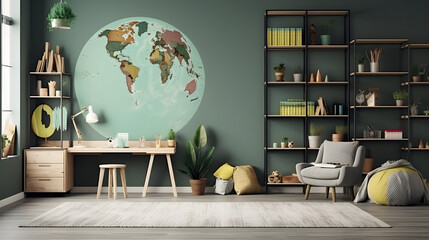 Children's study room at home. Modern spacious interior with desk, chair, bookshelves, chalkboard, lamps, Earth globe, plants, boxes, toys, rug, and laminate flooring. Unisex design fo. generative ai.