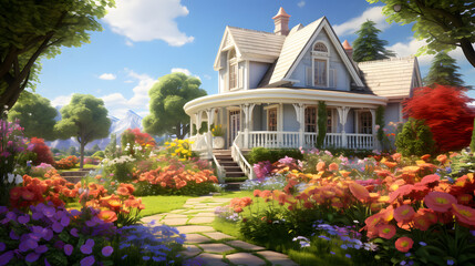 classic house with flower garden. generative ai.