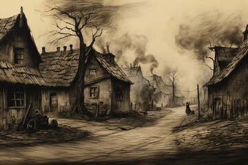 Old vintage sketch and drawing of an old village