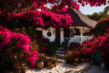 Fototapeta na wymiar A charming beachfront cottage with white walls and a thatched roof, nestled amidst vibrant bougainvillea flowers, radiating coastal char