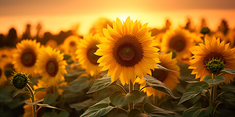 Sunflower sunny day nature yellow view plant field seed season bright summer blossom leaf background, A vast field of sunflowers their bright yellow petals reaching towards the sun creating a warm and