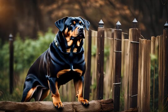 A vigilant Rottweiler standing guard by a rustic wooden fence, embodying strength, loyalty, and devotion