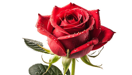 Red rose with water dew or drops in the petals closeup isolated on transparent background