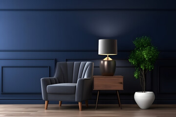 Commode with armchair and decor in living room interior, dark blue wall mock up 3d rendering. generative ai.