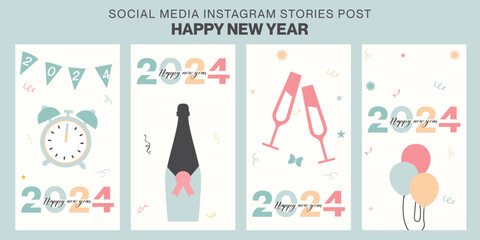 Happy new year Cute minimal social media post with pastels Colors 2024 text. vector illustration