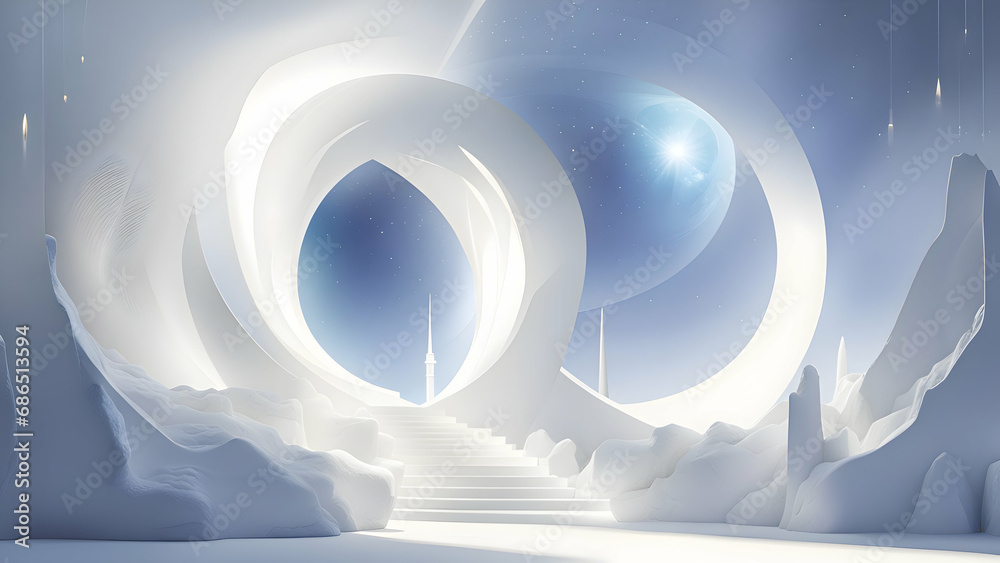 Canvas Prints 3d rendering of a white room with a white stairs leading to the moon