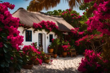 Fototapeta na wymiar A charming beachfront cottage with white walls and a thatched roof, nestled amidst vibrant bougainvillea flowers, radiating coastal char