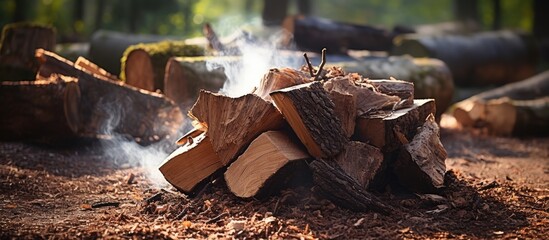 Disarrayed wood from a tree cut for fire. Forest ground. Chopping tree for fire. Forest home chores. - obrazy, fototapety, plakaty
