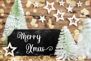 Christmas Trees, Rustic Holiday Background With Sign With Text Merry Xmas