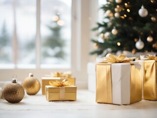 White and gold Christmas presents in living room with blurred window and bokeh lights.1