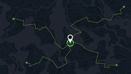 Multiple destinations. GPS map. City street road. Abstract transportation. City top view. Hi-tech vector background. route distance data, path turns and destination tag or mark illustration. Abstract