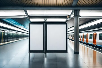 Large, empty vertical poster in an empty metro station