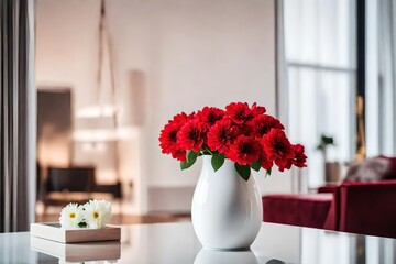 Obraz na płótnie Canvas Modern white living room with vase of red flowers, interior design