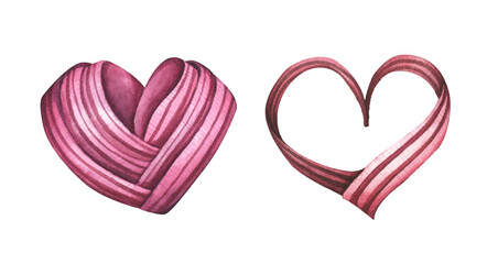 Valentine’s Day ribbon woven heart. Love concept. Watercolor illustration.