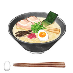 Tonkotsu Ramen, chopsticks and chopstick rests painted with digital watercolor