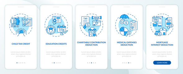 Fototapeta na wymiar Specific tax benefits blue onboarding mobile app screen. Tax policies walkthrough 5 steps editable graphic instructions with linear concepts. UI, UX, GUI template. Myriad Pro-Bold, Regular fonts used