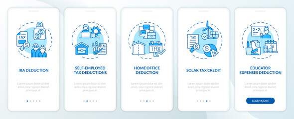 Tax deductions blue onboarding mobile app screen. Tax credits walkthrough 5 steps editable graphic instructions with linear concepts. UI, UX, GUI template. Myriad Pro-Bold, Regular fonts used - obrazy, fototapety, plakaty