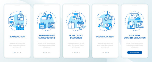 Tax deductions blue onboarding mobile app screen. Tax credits walkthrough 5 steps editable graphic instructions with linear concepts. UI, UX, GUI template. Myriad Pro-Bold, Regular fonts used