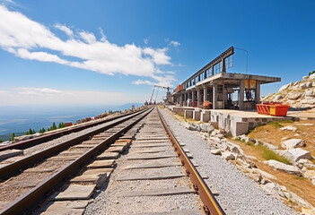 Fototapeta na wymiar Railroad tracks and power lines that lead towards a train station and power line