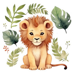 watercolor hand-drawn happy lion with tropical leaves on transparent or white background, png