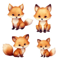 Watercolor Illustration set of cute baby fox, white or transparent background, png