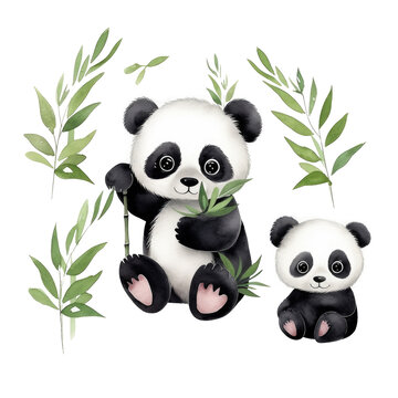 Watercolor cute baby panda and bamboo leaves on white or transparent background, png