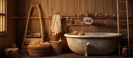 Fototapeta na wymiar Sauna s interior broom basin and more accessories in Russian bath