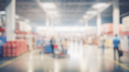 photo of people buing goods in big supermarket - blured interior background for your presentation, copy space